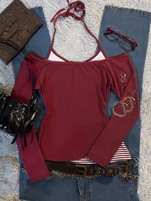 SuriyaCove 女款 Y2K 2000年代酒紅與白色條紋拼色 2合1 收腰長袖 T-shirt 校園秋季款 - 彩色 - 查看 5