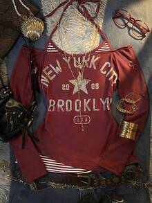 SuriyaCove 女款 Y2K 2000年代酒紅與白色條紋拼色 2合1 收腰長袖 T-shirt 校園秋季款 - 彩色 - 查看 6