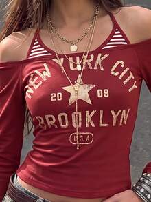 SuriyaCove 女款 Y2K 2000年代酒紅與白色條紋拼色 2合1 收腰長袖 T-shirt 校園秋季款 - 彩色 - 查看 3
