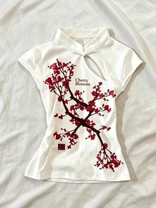 SuriyaCove Women's Casual Y2k 90s Inspired Floral Print Hollow Out T-Shirt, Summer Going Out White And Burgundy - Multicolor - View 8