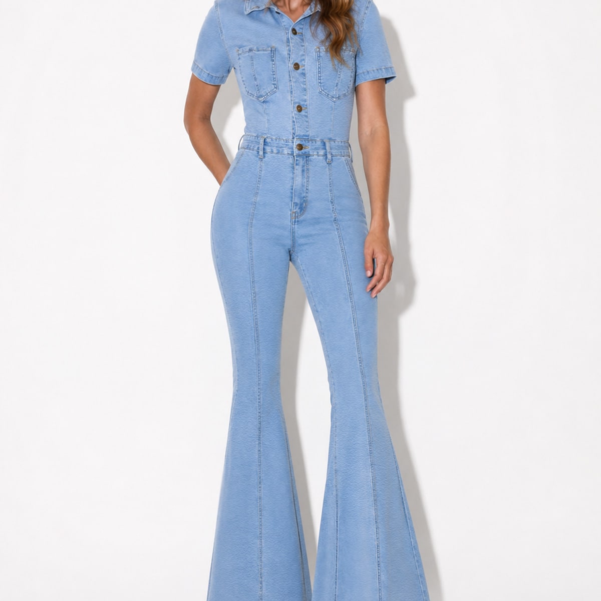 Light Wash Blue Denim Short-Sleeve Collared Jumpsuit, view 9