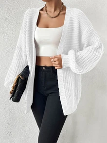 EMERY ROSE Cárdigan de manga larga de unicolor y diseño simple, uso casual diario, tops de manga larga - Blanco - Ver 7