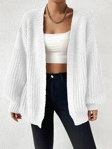 EMERY ROSE Cárdigan de manga larga de unicolor y diseño simple, uso casual diario, tops de manga larga - Blanco - Ver 4