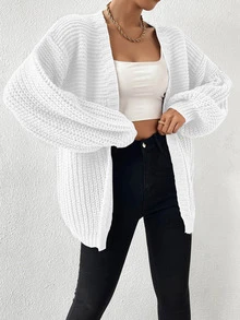 EMERY ROSE Cárdigan de manga larga de unicolor y diseño simple, uso casual diario, tops de manga larga - Blanco - Ver 5