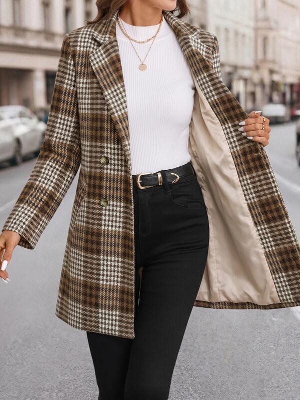 SHEIN Clasi Clasi Women's Large Plaid Coat, Autumn Business Casual Office Blazer, Vintage Style Versatile Autumn/Winter Outerwear For Outings And Gatherings