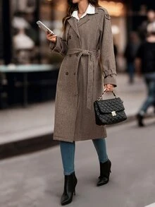 SHEIN Clasi 女款雙排扣長袖保暖內裡風衣 - 摩卡棕 - 查看 3
