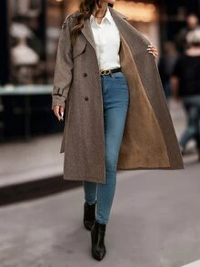 SHEIN Clasi 女款雙排扣長袖保暖內裡風衣 - 摩卡棕 - 查看 10