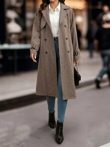 SHEIN Clasi 女款雙排扣長袖保暖內裡風衣 - 摩卡棕 - 查看 4