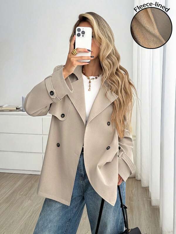 Easowa Double-Breasted Trench Coat With Fuzzy Thermal Lining, Casual Relaxed Elegant Commuter Old Money Style Autumn/Winter Women's Trench Coat