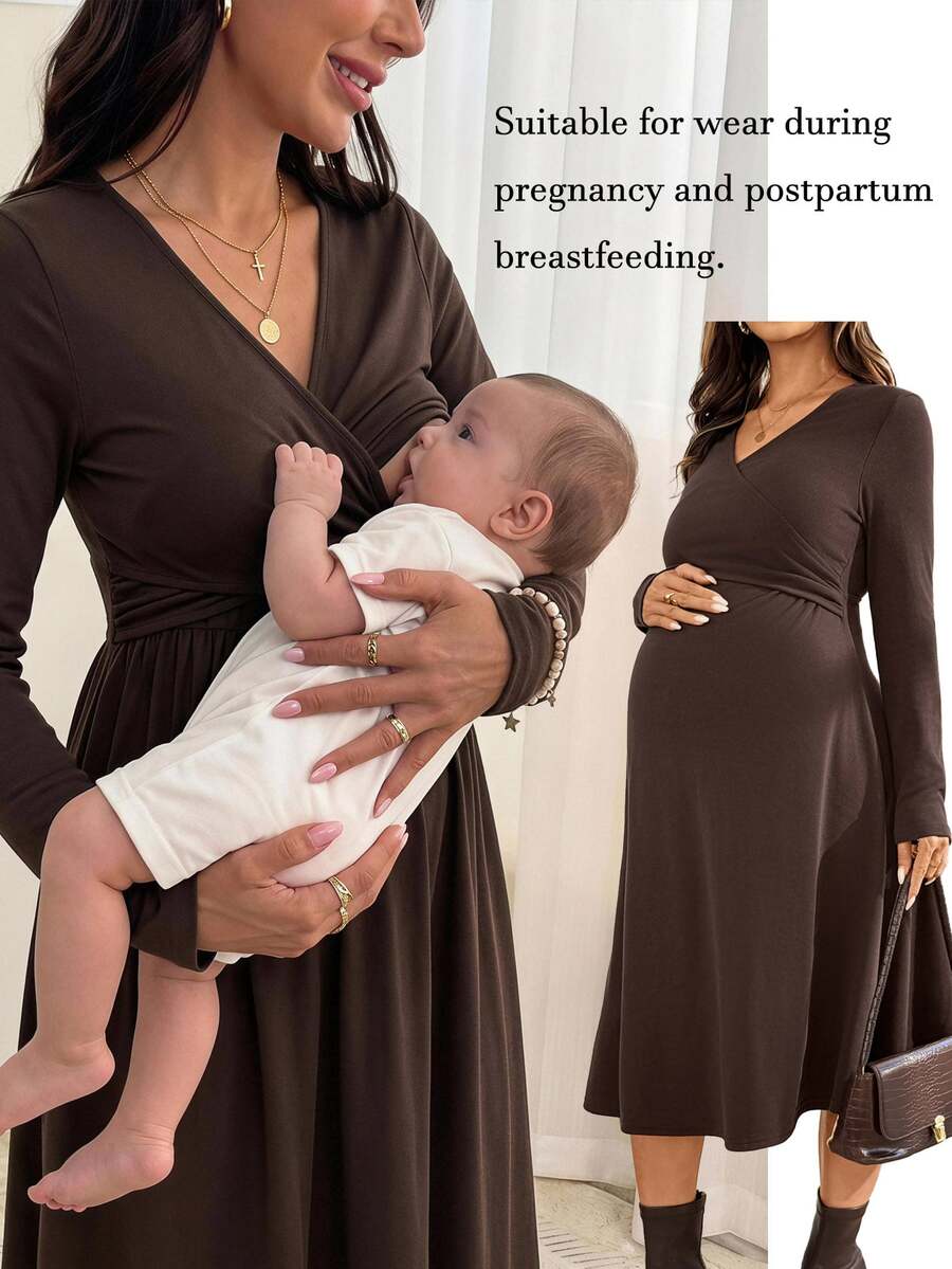SHEIN Maternity Solid Color V-Neck Short Sleeve Nursing Dress - Brown - View 1