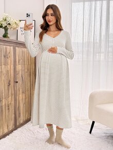 Slowluna Gaun Kasual Harian Menyusui Wanita Motif Garis-Garis Blok Warna Berlipit untuk Musim Gugur - Khaki - View 7