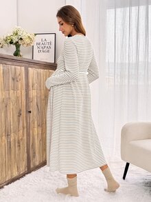 Slowluna Gaun Kasual Harian Menyusui Wanita Motif Garis-Garis Blok Warna Berlipit untuk Musim Gugur - Khaki - View 4