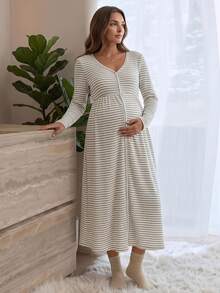 Slowluna Gaun Kasual Harian Menyusui Wanita Motif Garis-Garis Blok Warna Berlipit untuk Musim Gugur - Khaki - View 1