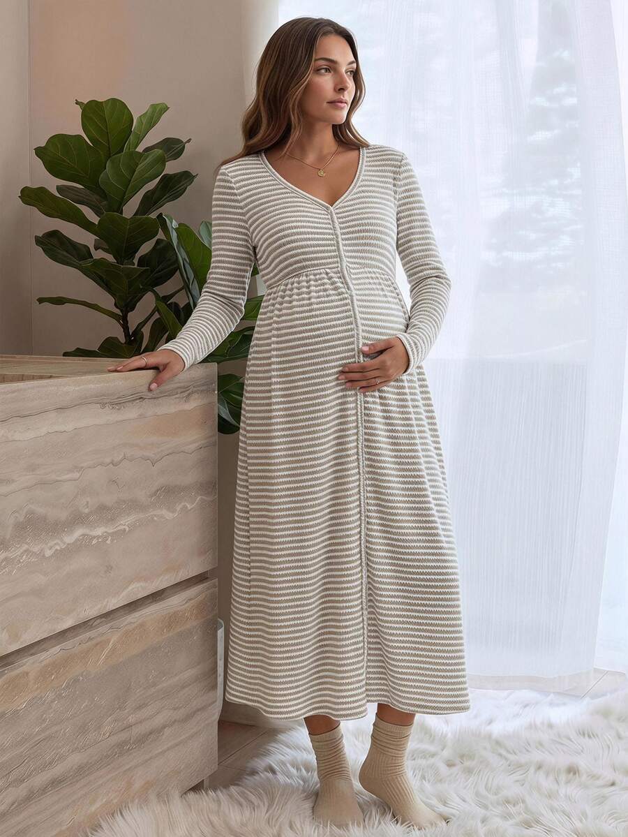 Slowluna Gaun Kasual Harian Menyusui Wanita Motif Garis-Garis Blok Warna Berlipit untuk Musim Gugur - Khaki - View 1