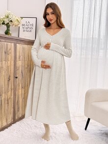 Slowluna Gaun Kasual Harian Menyusui Wanita Motif Garis-Garis Blok Warna Berlipit untuk Musim Gugur - Khaki - View 3