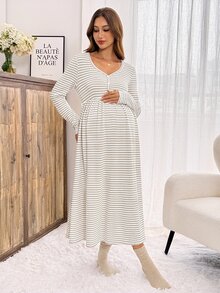 Slowluna Gaun Kasual Harian Menyusui Wanita Motif Garis-Garis Blok Warna Berlipit untuk Musim Gugur - Khaki - View 5
