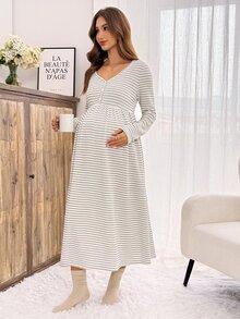 Slowluna Gaun Kasual Harian Menyusui Wanita Motif Garis-Garis Blok Warna Berlipit untuk Musim Gugur - Khaki - View 9