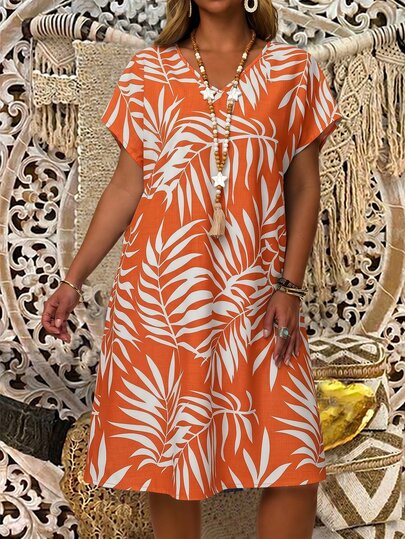 EMERY ROSE Plus Size Women's Summer Vacation Leaf Print Burnt Orange V-Neck Short Sleeve Boho Dress,Holiday Casual Country Floral Flowy Beach Sundress Outfits