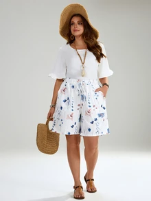 EMERY ROSE Plus Size Summer Floral Print Drawstring Waist Slant Pocket Shorts , Beach Summer For Women - White - View 7