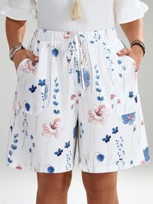 EMERY ROSE Plus Size Summer Floral Print Drawstring Waist Slant Pocket Shorts , Beach Summer For Women - White - View 10
