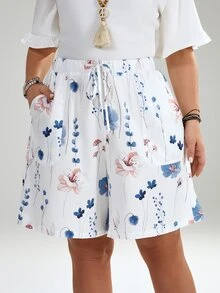EMERY ROSE Plus Size Summer Floral Print Drawstring Waist Slant Pocket Shorts , Beach Summer For Women - White - View 5