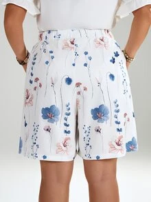 EMERY ROSE Plus Size Summer Floral Print Drawstring Waist Slant Pocket Shorts , Beach Summer For Women - White - View 3