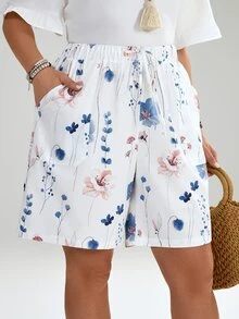EMERY ROSE Plus Size Summer Floral Print Drawstring Waist Slant Pocket Shorts , Beach Summer For Women - White - View 9