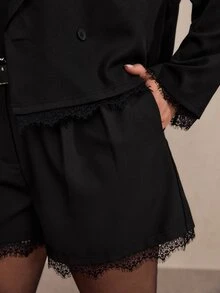 Freevana Plus Size Women Solid Color Lapel Neck Long Sleeve Jacket And Contrast Lace Shorts Elegant Suit Set - Black - View 6
