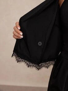 Freevana Plus Size Women Solid Color Lapel Neck Long Sleeve Jacket And Contrast Lace Shorts Elegant Suit Set - Black - View 7