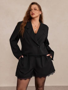 Freevana Plus Size Women Solid Color Lapel Neck Long Sleeve Jacket And Contrast Lace Shorts Elegant Suit Set - Black - View 4