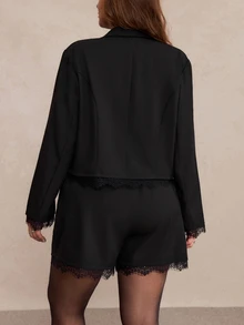 Freevana Plus Size Women Solid Color Lapel Neck Long Sleeve Jacket And Contrast Lace Shorts Elegant Suit Set - Black - View 2