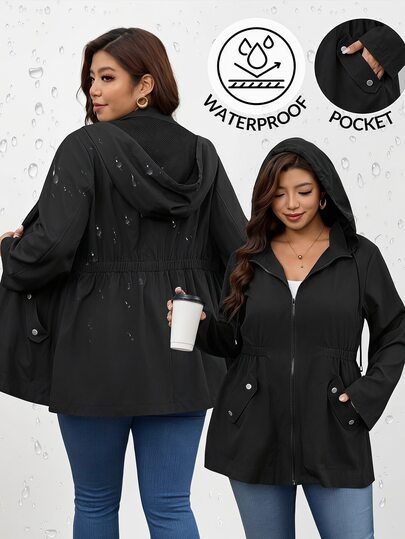 SHEIN Clasi Plus Size Zipper Pocket Long Sleeve Hooded Jacket For Daily Wear Autumn Casual Smart Fall
