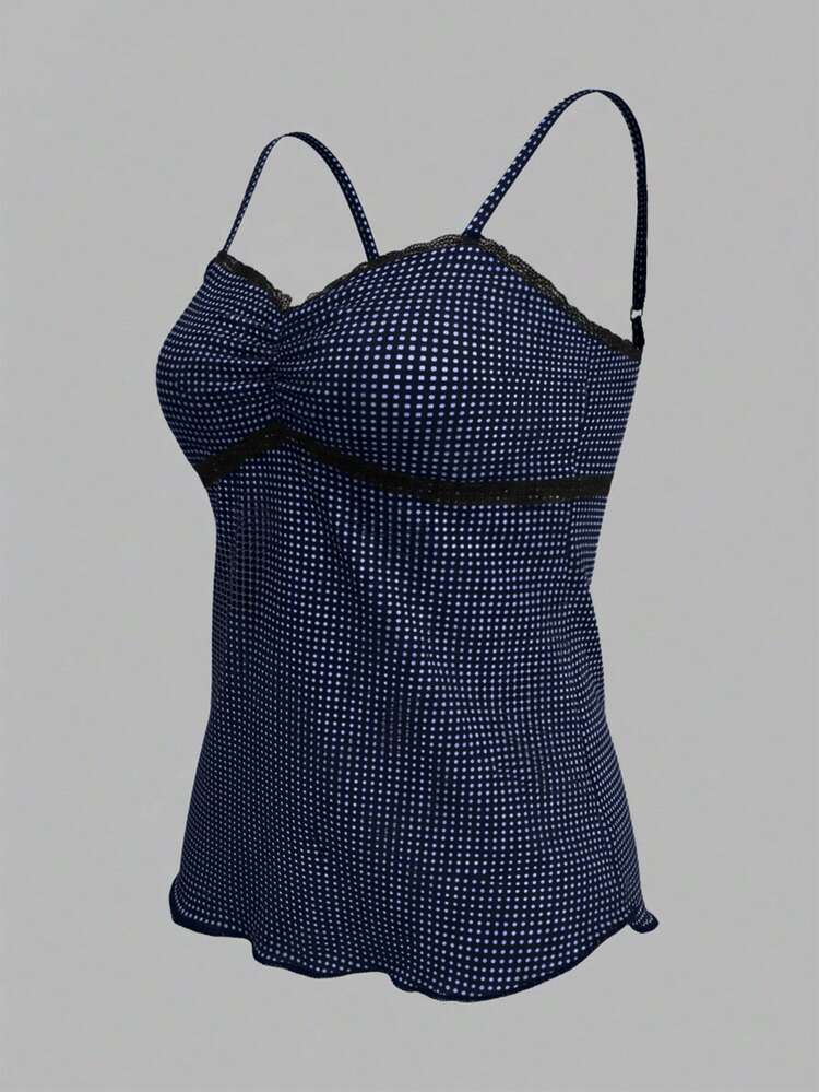 SuriyaCove Women's Black And White Polka Dot Print Lace Trim Cami Top Going Out Night Out Summer Y2k Sexy - Navy Blue - View 6