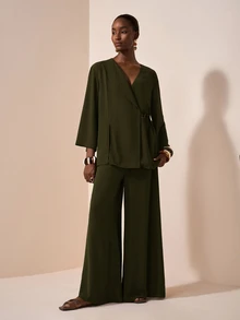 Zivah 大码女式纯色裹身长袖衬衫和阔腿裤休闲宽松套装阔腿裤套装裤装套装加大码橄榄绿女式裤装套装女式西装外套套装 - 軍綠色 - 查看 6