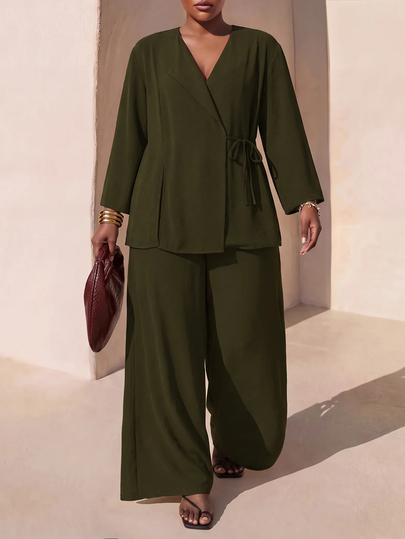 Zivah Plus Size Women Solid Color Wrap Tie Long Sleeve Shirt And Wide Leg Pants Casual Elegant Loose Suit Set Pant Army Green Outfit Suits For Woman Dinner