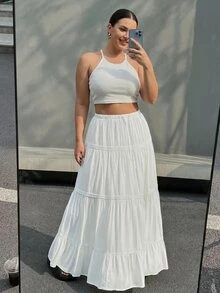SHEIN Tall CURVE Rok Polos Sederhana untuk Wanita Ukuran Plus, Cocok untuk Sehari-hari di Musim Gugur - Putih - View 4