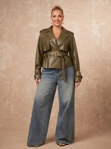SHEIN PETITE CURVE 大尺碼女款純色PU皮革長袖單排扣時尚休閒優雅風衣 秋季外出正式穿搭 橄欖綠 - 墨綠色 - 查看 4