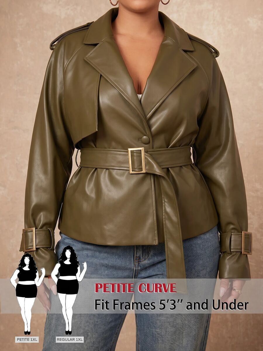 SHEIN PETITE CURVE 大尺碼女款純色PU皮革長袖單排扣時尚休閒優雅風衣 秋季外出正式穿搭 橄欖綠 - 墨綠色 - 查看 1