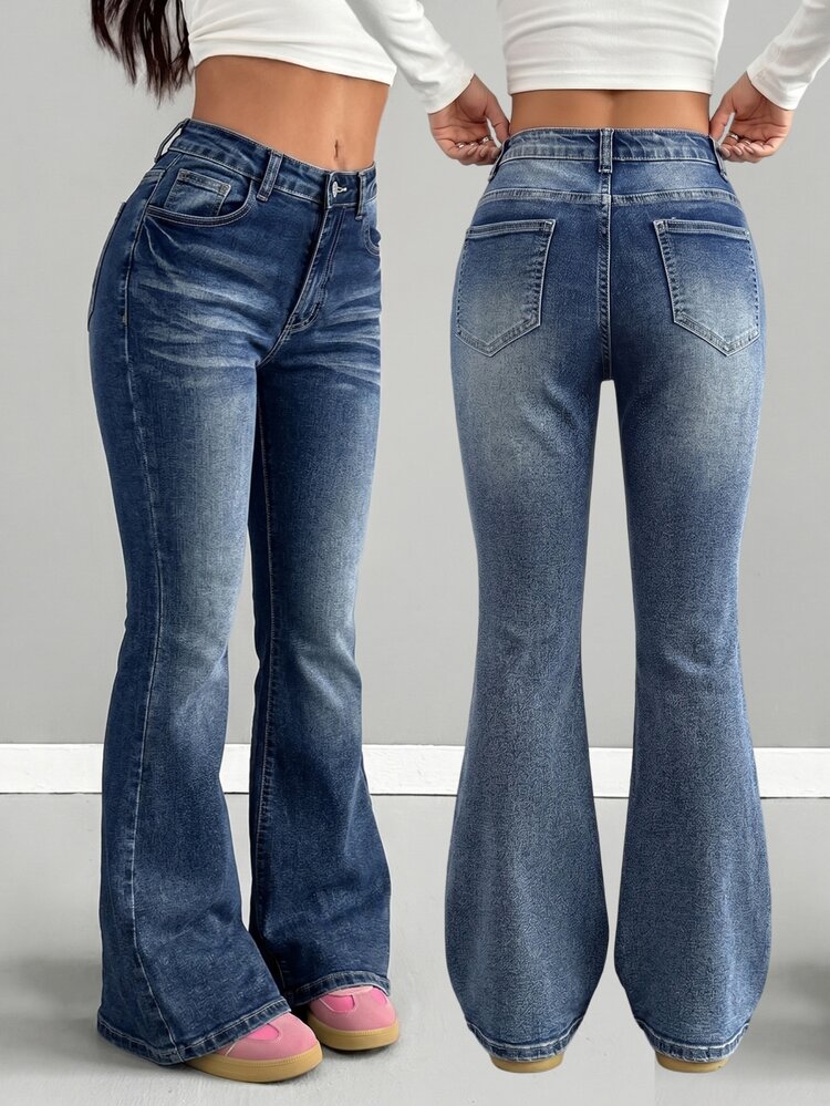 SHEIN Teen Girl Y2K Streetwear Casual Vintage Navy Blue Washed Denim Jeans Unique Niche Personalized Wash Figure-Flattering New Flare Summer Prom Dinner - Medium Wash - View 7