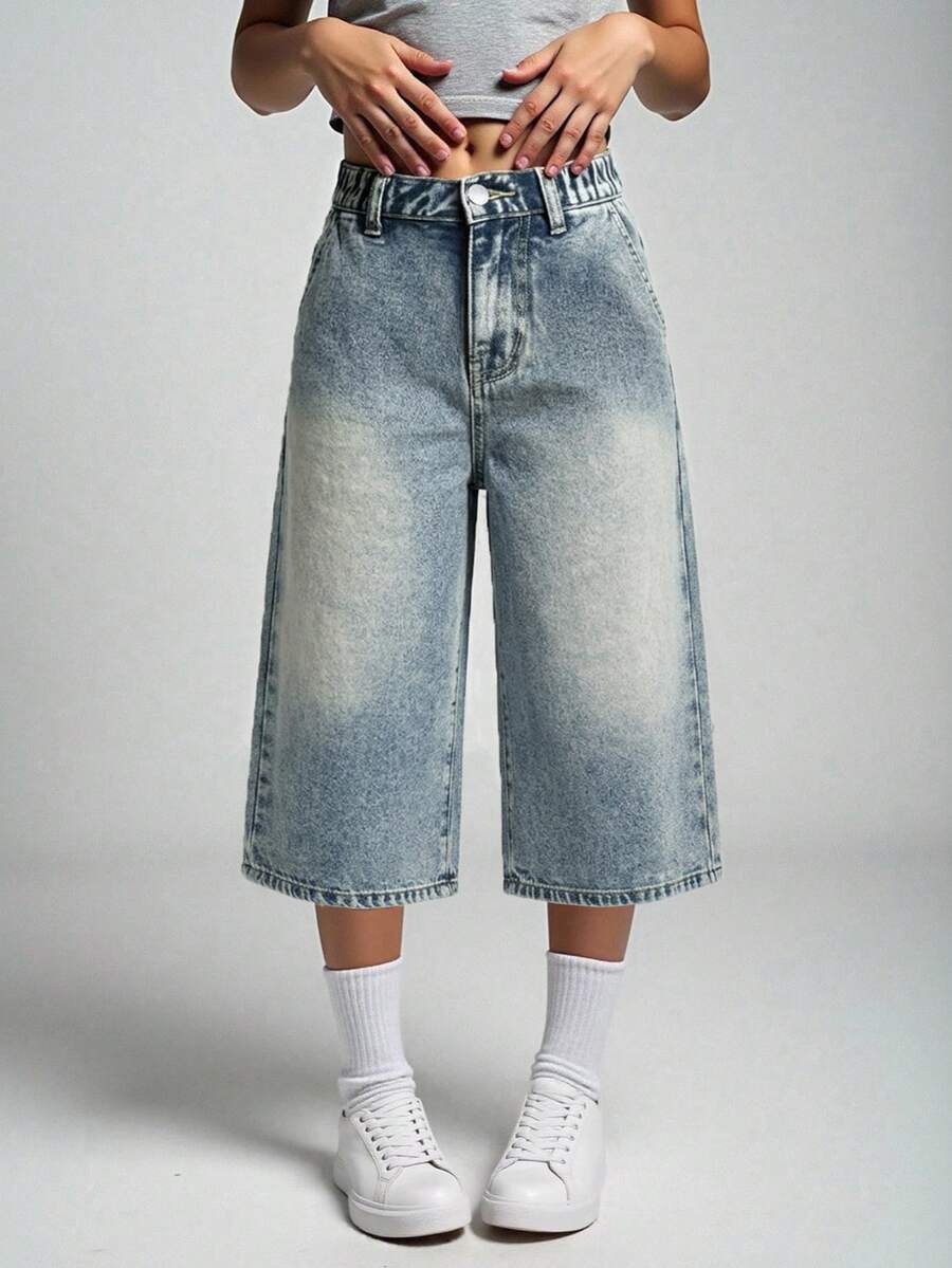 SHEIN Explorewe 女款牛仔短褲 秋季新品 休閒街頭風 學院復古 磨損淺藍色 鬆緊腰帶鈕扣門襟設計 校園風