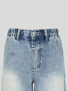 SHEIN Explorewe 女款牛仔短褲 秋季新品 休閒街頭風 學院復古 磨損淺藍色 鬆緊腰帶鈕扣門襟設計 校園風 - 中等水洗藍 - 查看 5