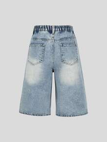 SHEIN Explorewe 女款牛仔短褲 秋季新品 休閒街頭風 學院復古 磨損淺藍色 鬆緊腰帶鈕扣門襟設計 校園風 - 中等水洗藍 - 查看 3