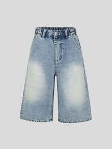 SHEIN Explorewe 女款牛仔短褲 秋季新品 休閒街頭風 學院復古 磨損淺藍色 鬆緊腰帶鈕扣門襟設計 校園風 - 中等水洗藍 - 查看 9