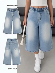 SHEIN Explorewe 女款牛仔短褲 秋季新品 休閒街頭風 學院復古 磨損淺藍色 鬆緊腰帶鈕扣門襟設計 校園風 - 中等水洗藍 - 查看 4