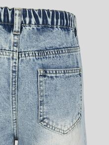 SHEIN Explorewe 女款牛仔短褲 秋季新品 休閒街頭風 學院復古 磨損淺藍色 鬆緊腰帶鈕扣門襟設計 校園風 - 中等水洗藍 - 查看 8