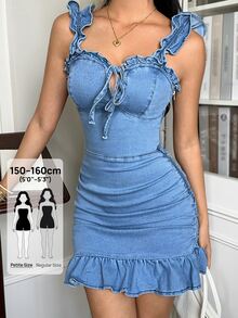 SHEIN MOD Women's Sexy Ruched Fitted Denim Dress With Ruffle Trim, Summer - Light Wash - View 1