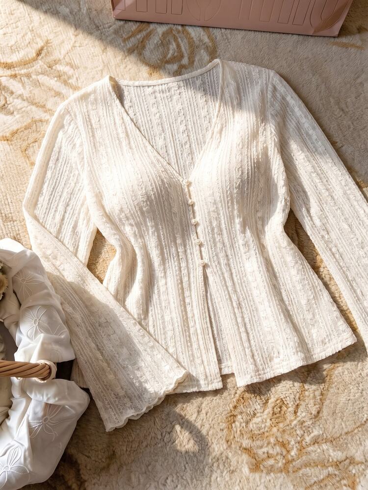 Elaquor Plus Size Elegant Commuter Solid Color Jacquard Shirt Fall/Winter Casual Daily Going Out Blouse For Women Casual Office Business Blouse For Women - White - View 1