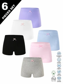 6件組女童幼兒可愛蝴蝶結裝飾馬卡龍粉、灰、白、紫、藍、黑純色男版內褲，柔軟舒適日常內著 - 彩色 - 查看 4