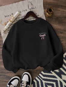 SHEIN 青少年女孩 Find Inner Peace 蝴蝶結印花圓領運動衫，可愛休閒開學季生日粉色秋季告別六年級遊輪款 - 黑色 - 查看 7