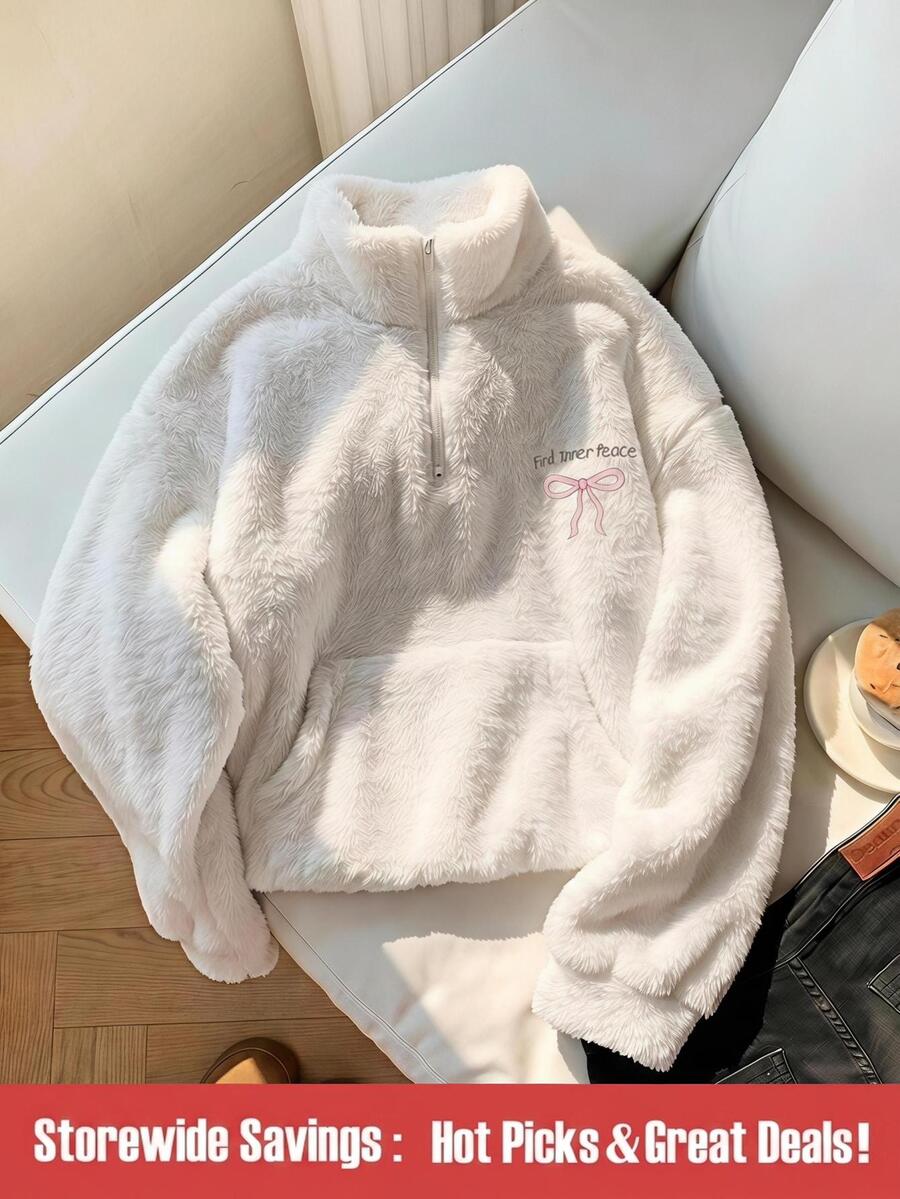 SHEIN 青少年女孩 Find Inner Peace 蝴蝶結印花圓領運動衫,可愛休閒開學季生日粉色秋季告別六年級遊輪款 - 黑色 - 查看 1